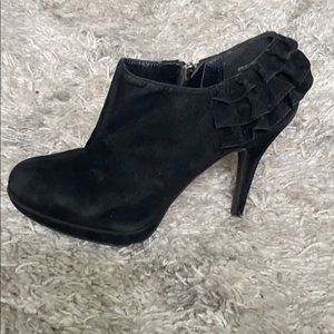 Black Suede Ruffle Heel Platform Ankle Boots